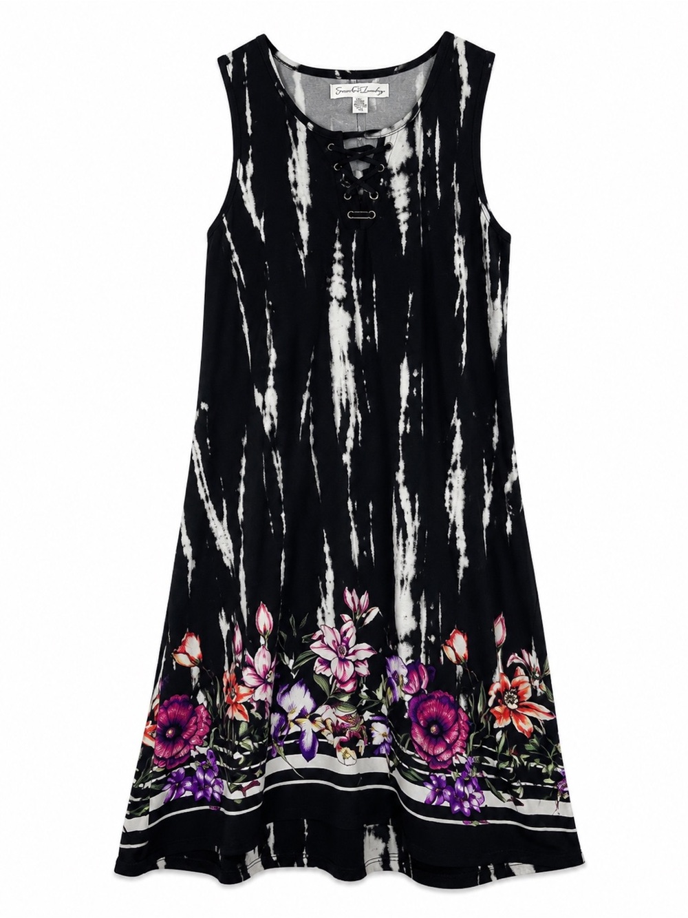 French Laundry Women’s Small Black Floral Border Sleeveless Lace Up Dress Tunic